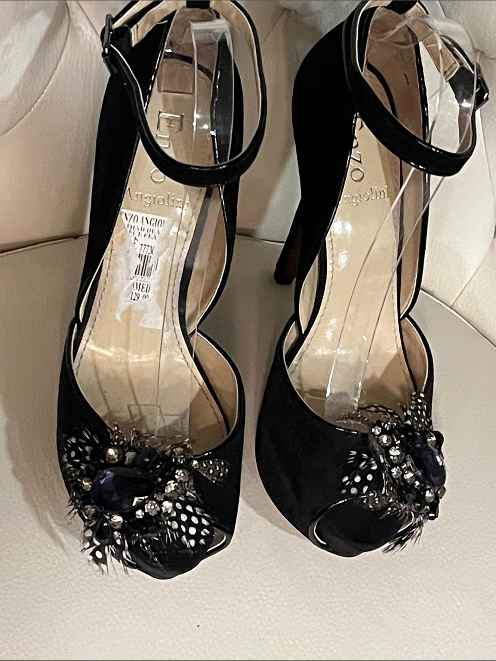 Enzo Angiolini Black Suede prep toe w Feathers jeweled Ankle Platforms Size 8 - Picture 9 of 16